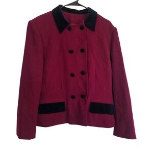 Kasper A S L Womens Burgundy Velvet Collar Double Breasted Blazer Jacket Size 16